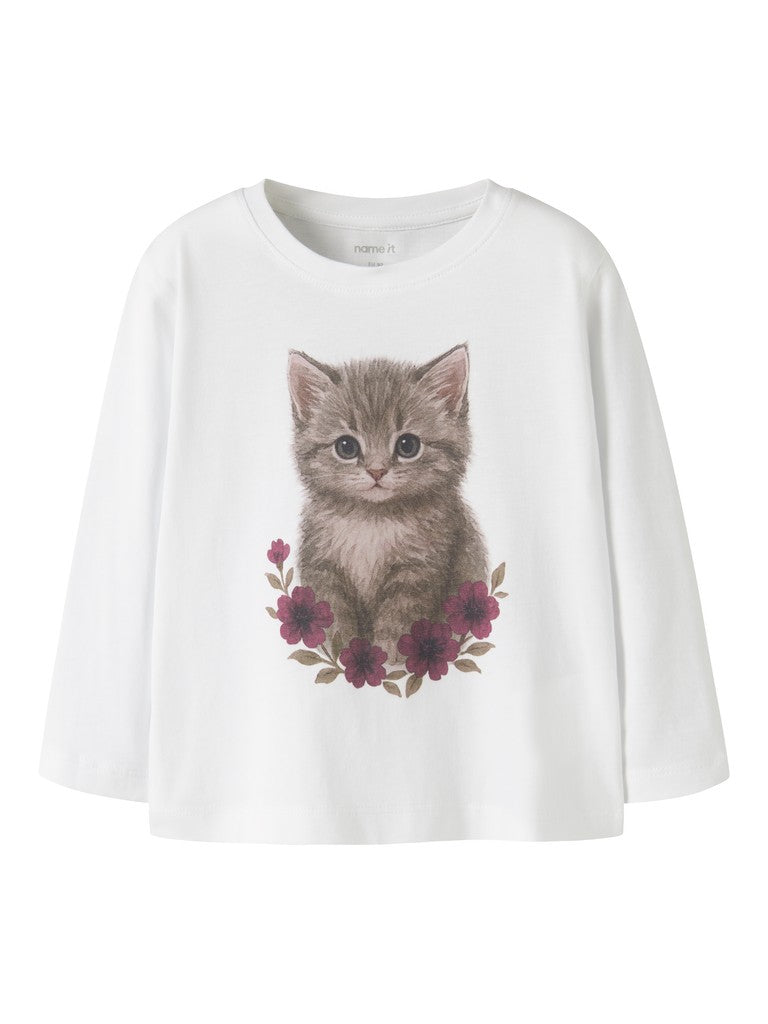 A white long-sleeve t-shirt featuring a graphic print of a cute gray tabby kitten sitting among dark pink flowers, displayed against a solid white background.