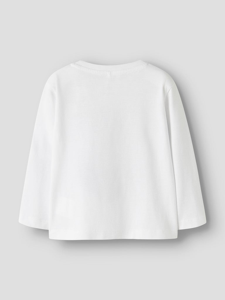 A white long-sleeve cropped top shown from the back, photographed flat against a light gray background.