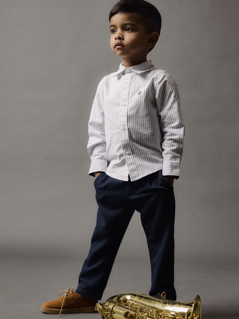 Bright White/Blue Stripe Rekid Shirt-With navy pants