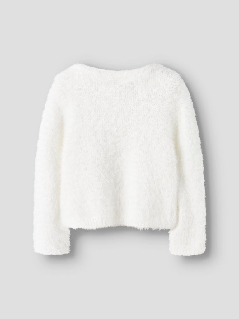 White fuzzy sweater on a light gray background