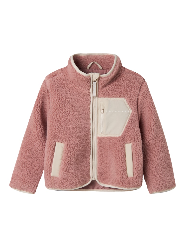 Pink fleece jacket with white accents on a white background