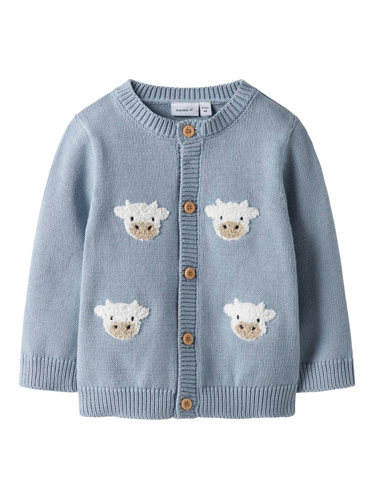 NAME IT Lional Long Sleeve Knit Cardigan Dusty Blue model front view