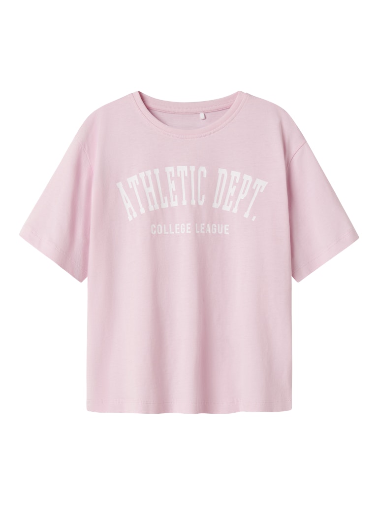 Pink t-shirt with 'Athletic Dept' text on a white background