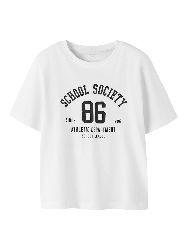 White t-shirt with black text on a white background