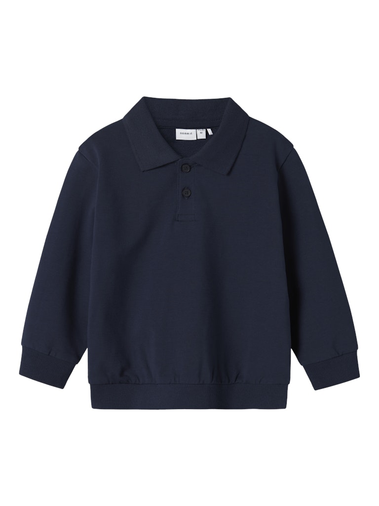 Navy blue long-sleeve shirt with collar on a white background