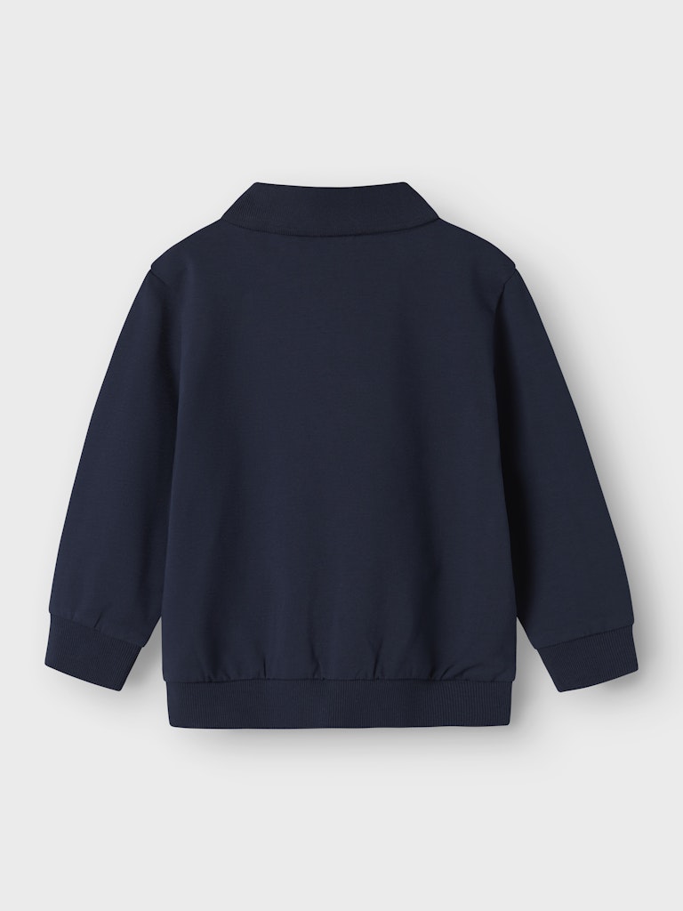 Navy blue polo sweatshirt on a light gray background