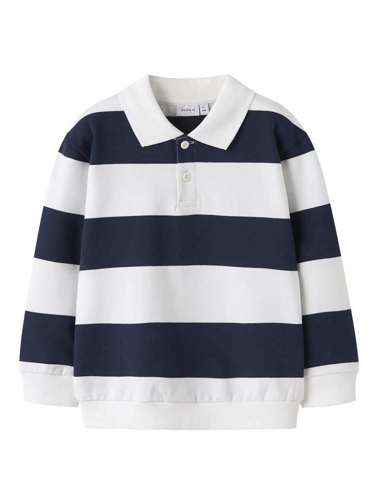 Navy and white striped long-sleeve polo shirt on a white background