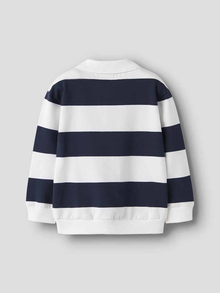 Navy and white striped sweater on a light gray background-Back view