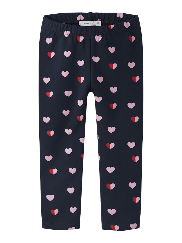 Navy leggings with pink and red heart pattern-Front View