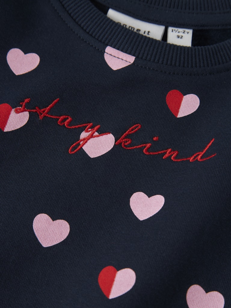 Girl's Lia Sweat Tunic in Navy with Red & Pink Love Hearts-Close Up View of Design
