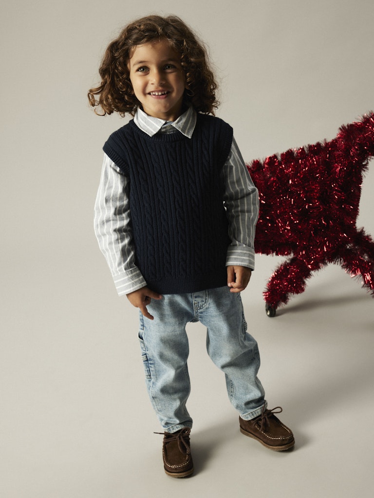 Boy wearing Roman Knit Vest-Navy Blazer