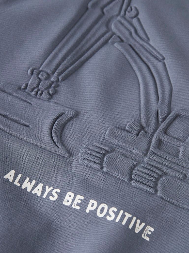 Gray sweatshirt with embossed construction vehicle design and 'Always Be Positive' text.
