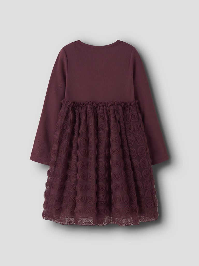 Maroon dress with lace detailing on a light gray background