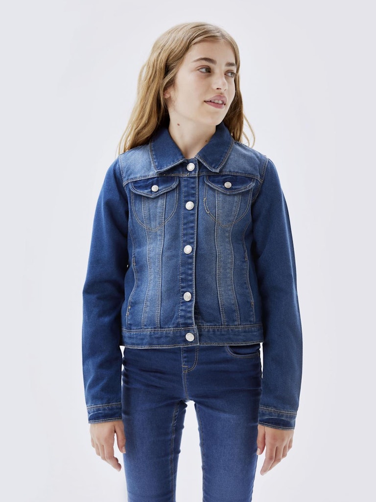 Girl's Star Denim Jacket 2210-Medium Blue Denim-Model Front View