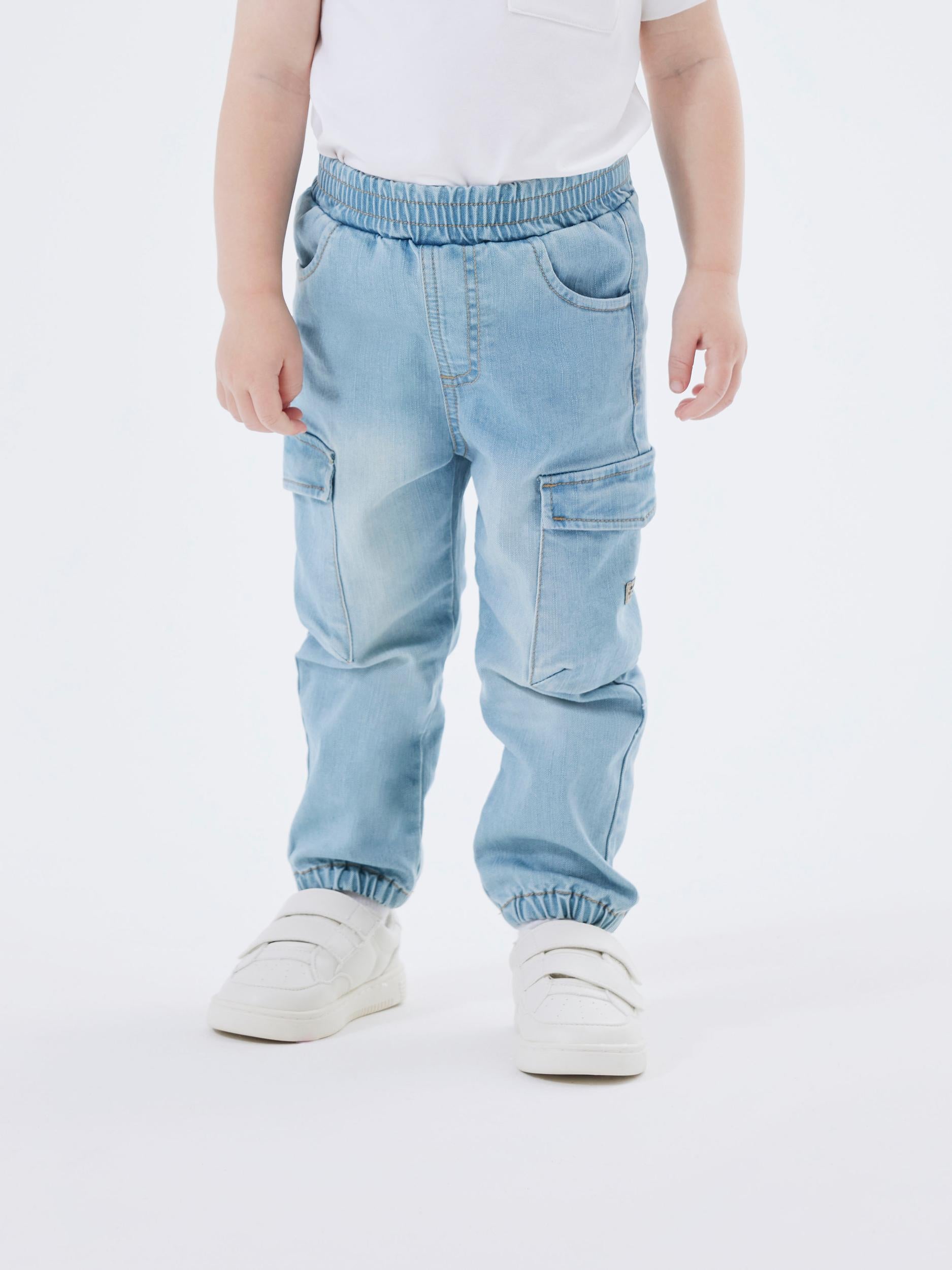Boy's Ben Baggy Cargo Jeans 9770-Medium Blue Denim-Model Front View