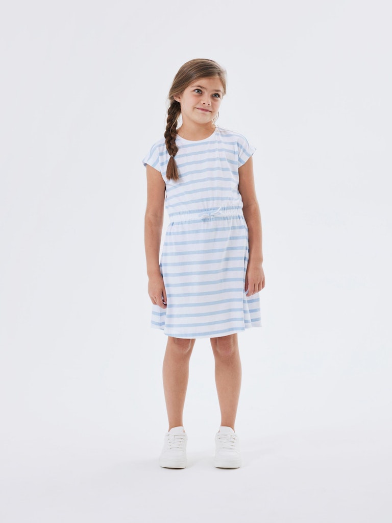 Girl's Mie Short Sleeve Dress-Chambray Blue-Model Front View
