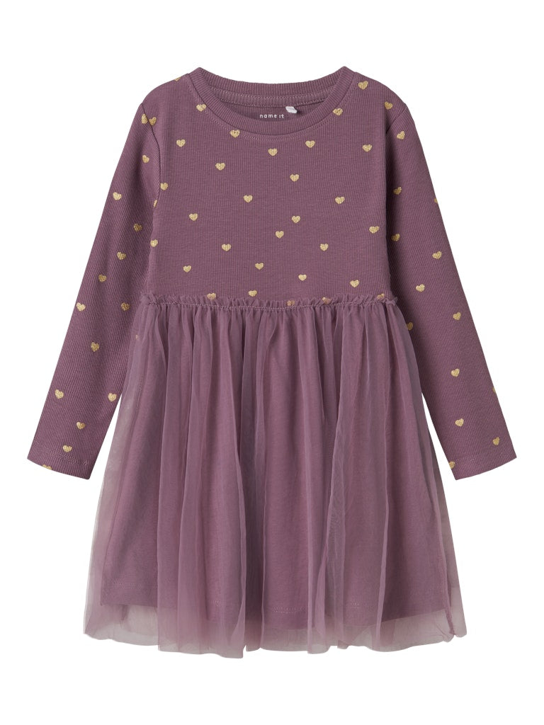 Purple dress with gold heart patterns on a white background