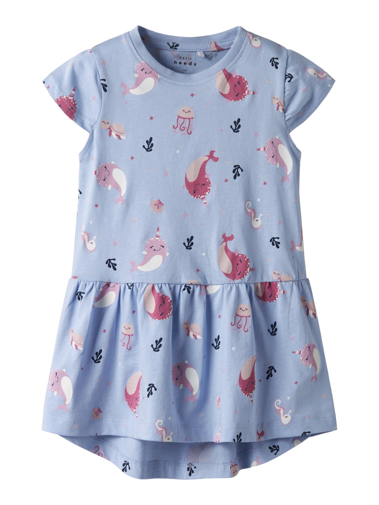 Children's dress with mermaid pattern on a light blue background