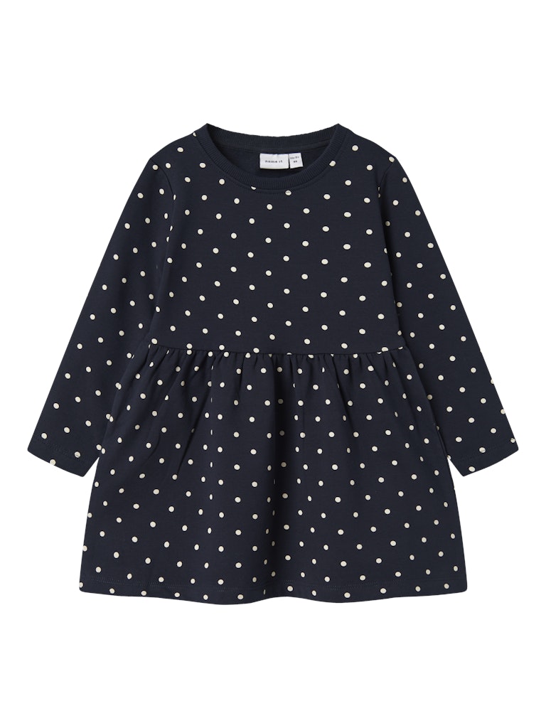 Navy blue dress with white polka dots on a white background