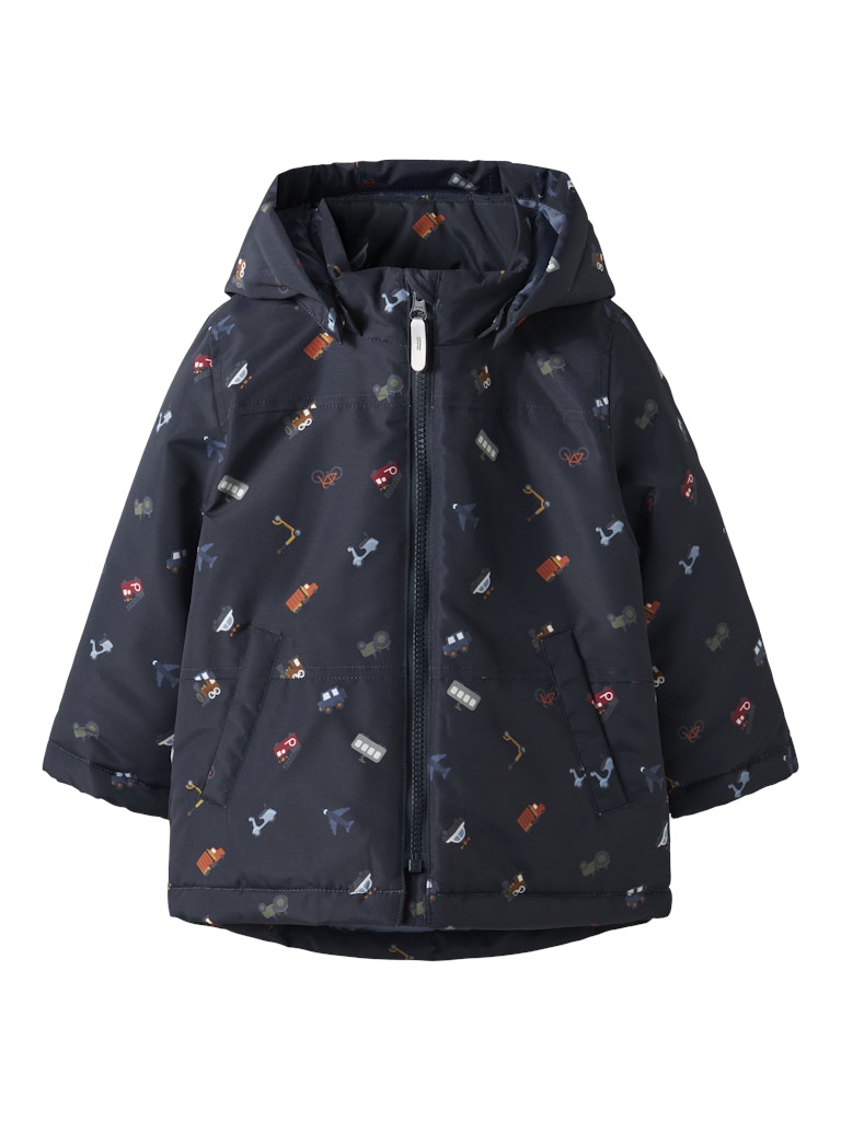 Front view of Max Padded all over truck print jacket in Dark Sapphire 
