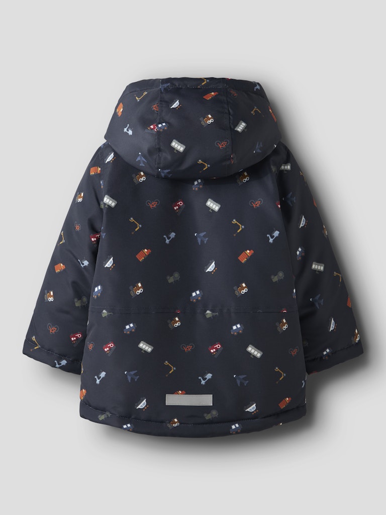 Back view of Max Padded all over truck print jacket in Dark Sapphire 
