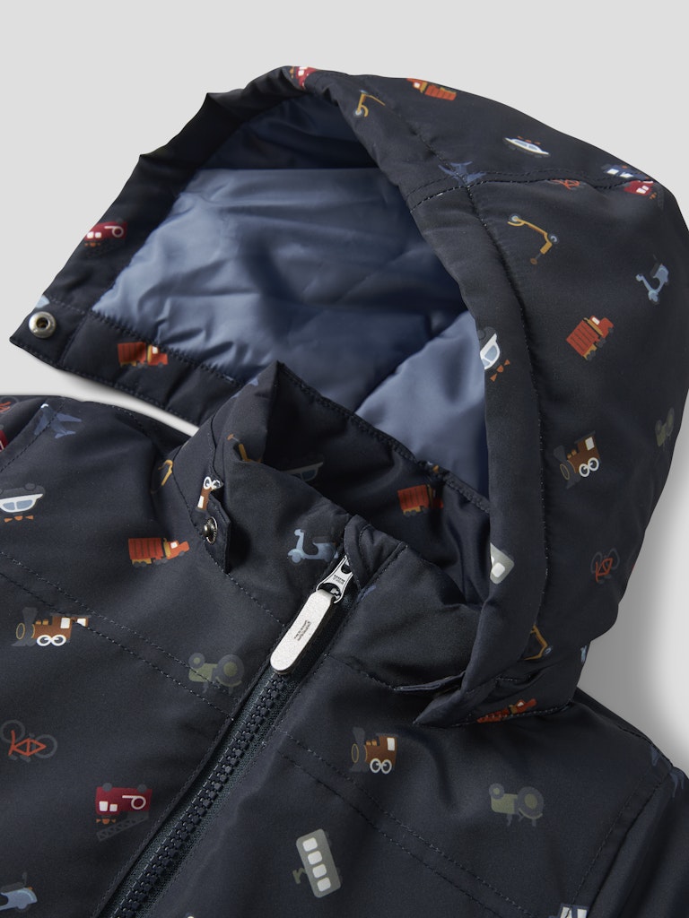 Hood detail of Max Padded all over truck print jacket in Dark Sapphire 