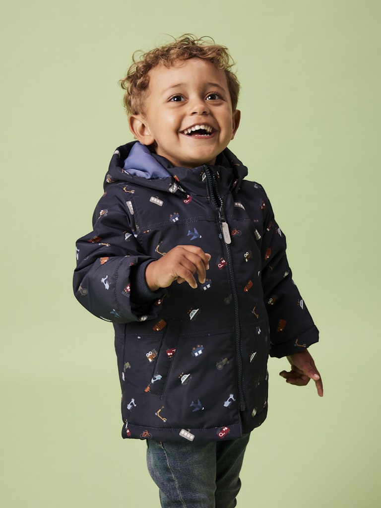  Max Padded all over truck print jacket in Dark Sapphire 