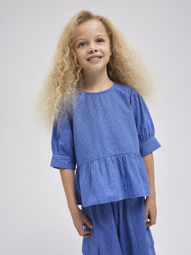 Girl's Fadotta Short Sleeve Top-Clematis Blue-Model Front View