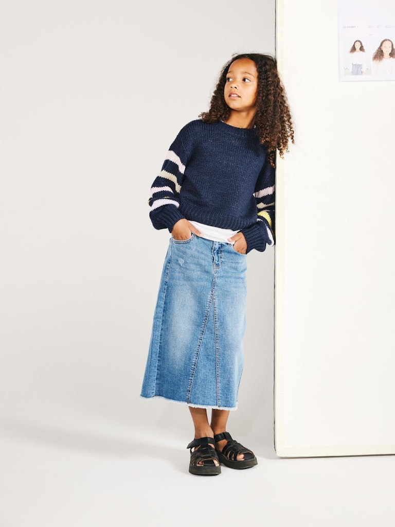 Girl's Kylie Wide Long Denim Skirt 4641-Medium Blue Denim-Model Front View