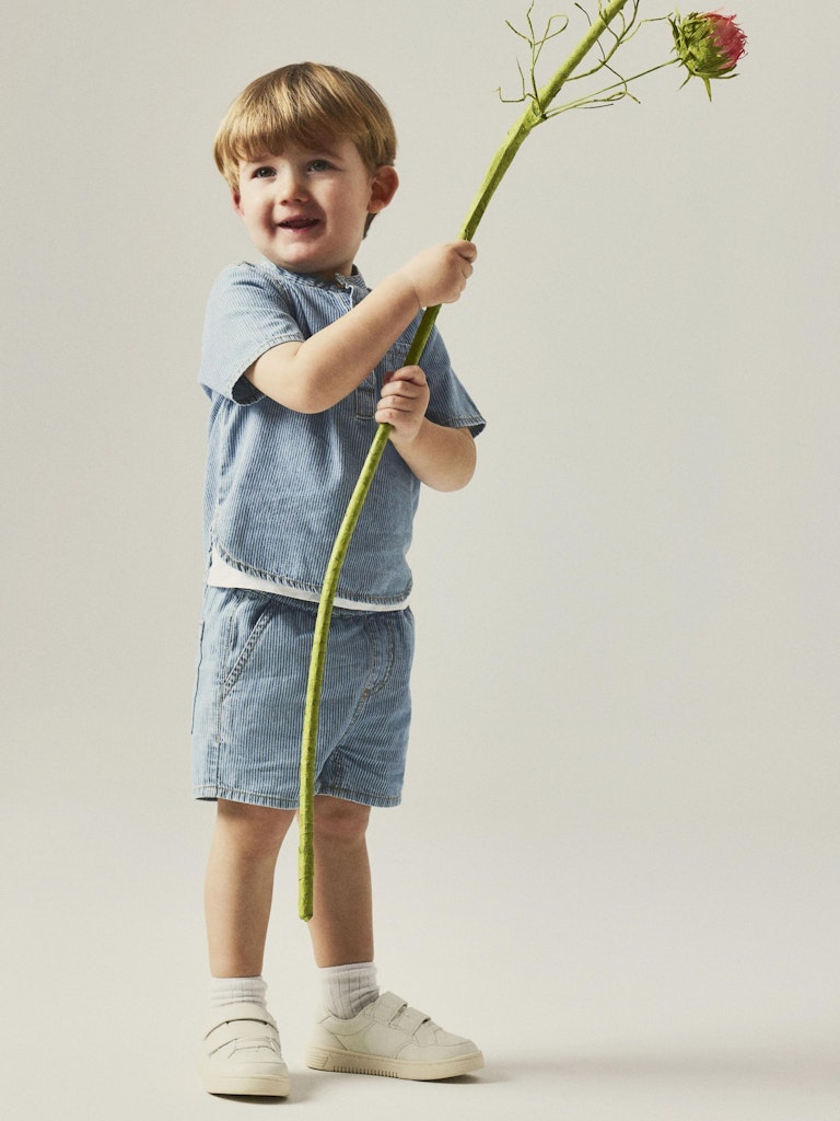 Boy's Stripe Denim Short Sleeve Shirt-Model Full Front View