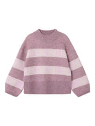 Front view of girls Beify oversize knit in Elderberry