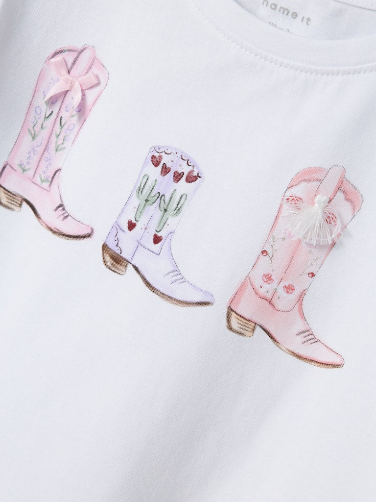 Hadia Bright White Top-Cowboy boot print detail