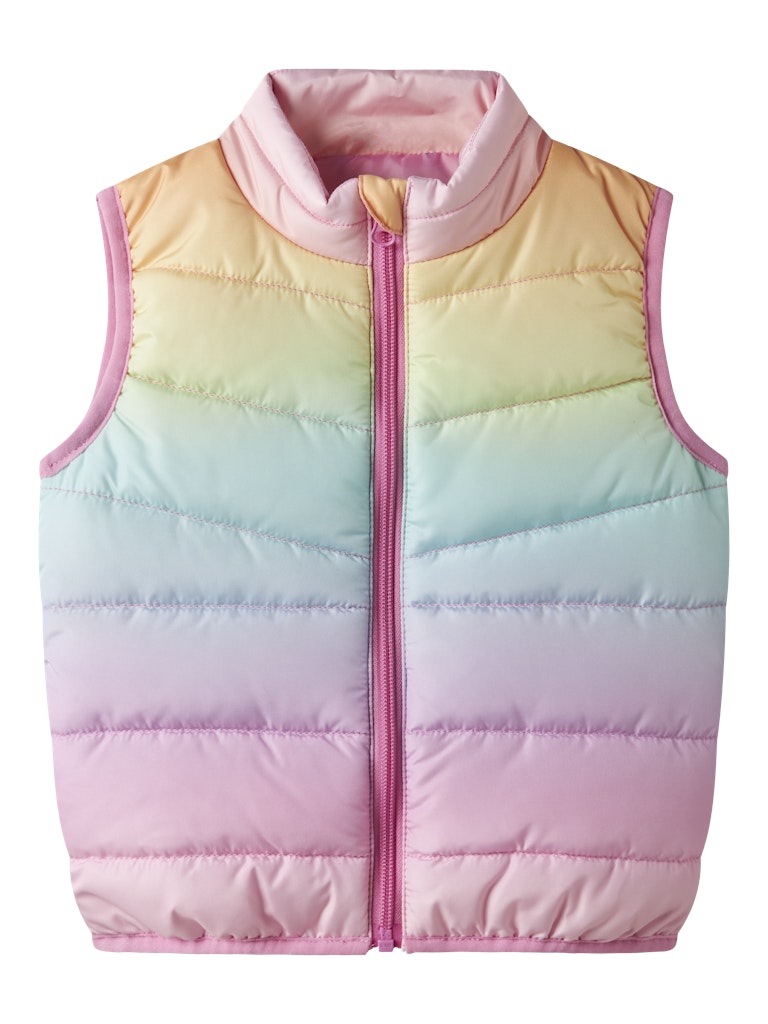 Pastel rainbow-colored puffer vest on a white background