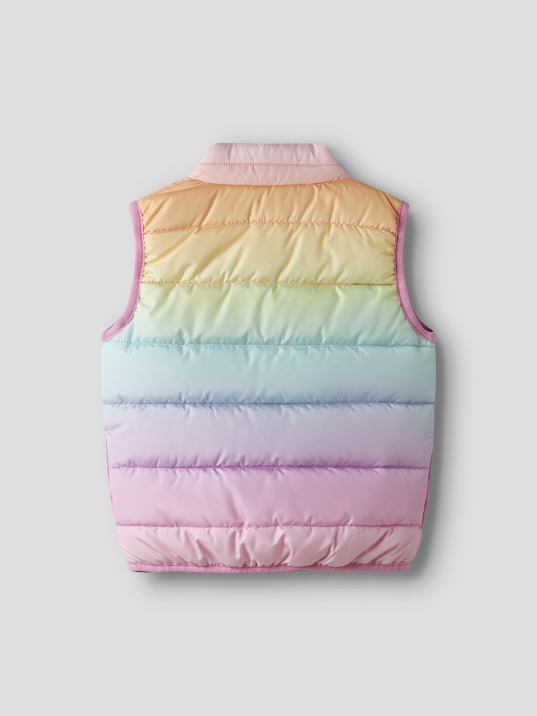 Pastel rainbow-colored puffer vest on a light gray background