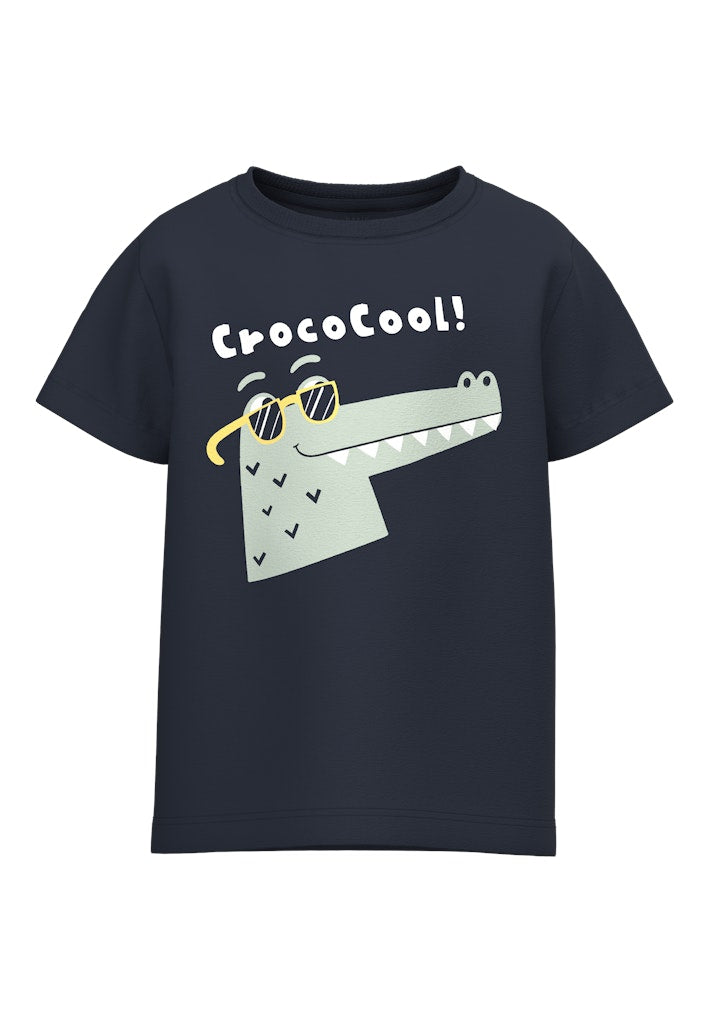 Navy blue t-shirt with a crocodile graphic and 'CrocoCool!' text on a white background