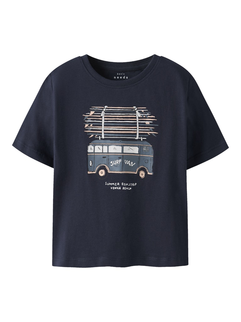 Navy blue t-shirt with a graphic of a vintage bus on a white background