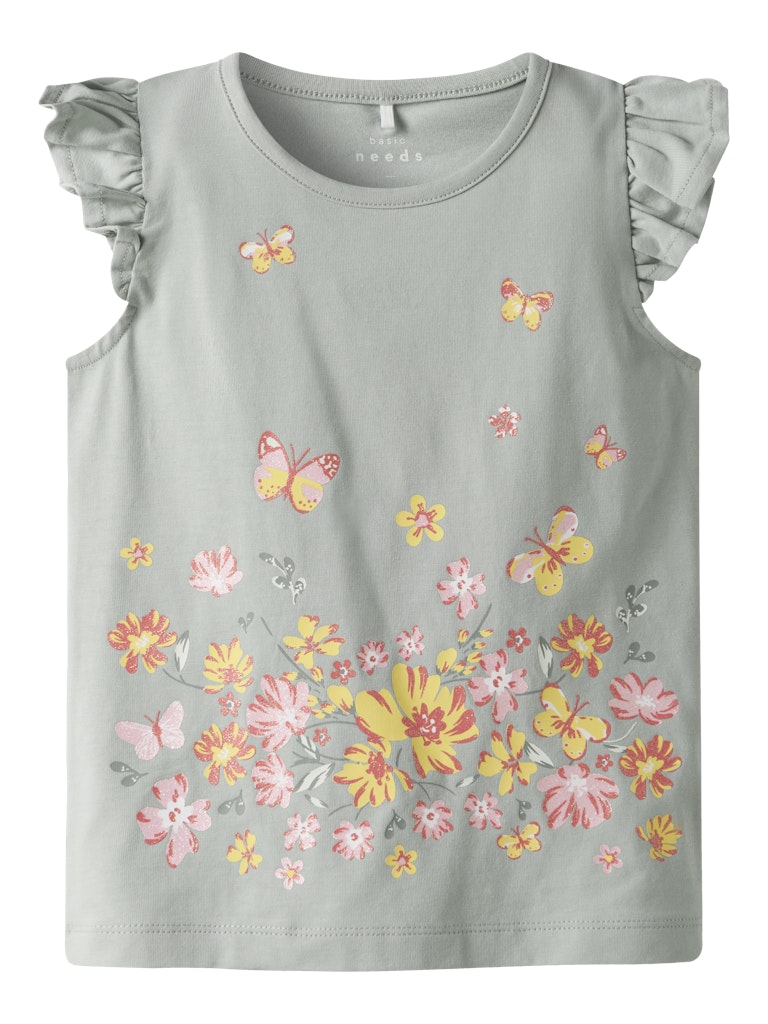 Mini Girl Vayana Cap Sleeve Top-Aqua Gray-Front View