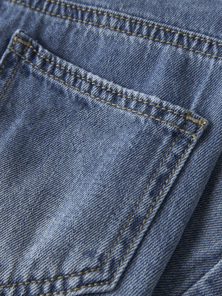 Close-up of a blue denim pocket with stitching details