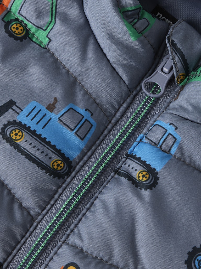 Gray children's jacket with blue truck designs and a zipper