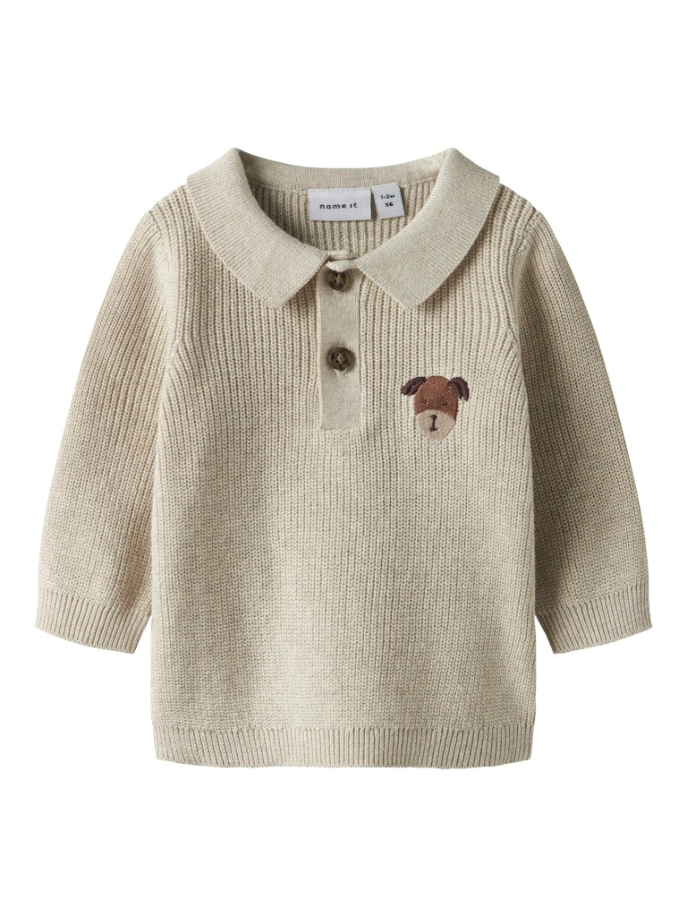Boys Tant Long Sleeve Knit Polo-Peyote Melange-Front View