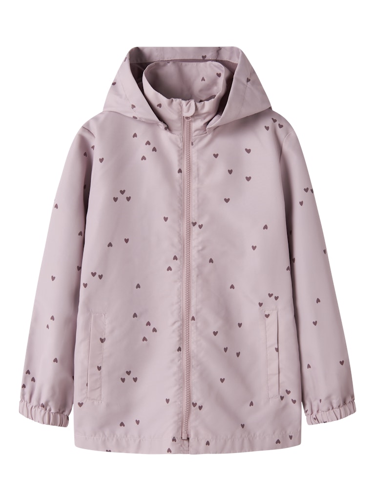 Pink raincoat with heart pattern on a white background