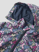 Floral patterned jacket with a close-up of the hood and zipper.