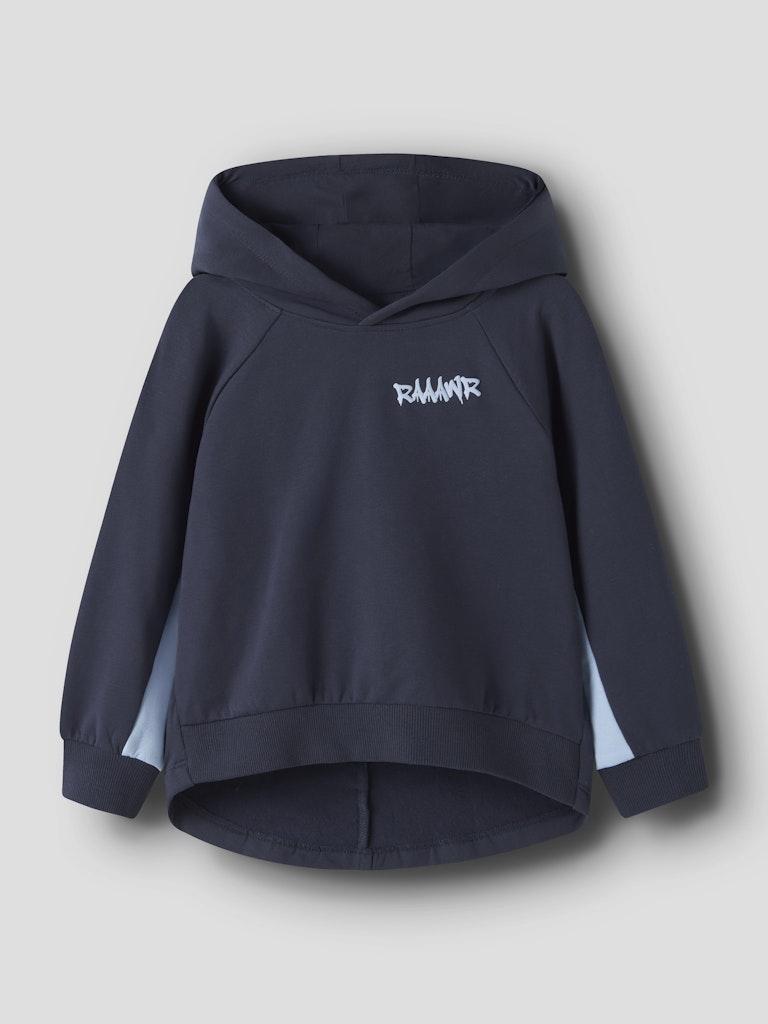 Navy blue hoodie with a logo on a light gray background