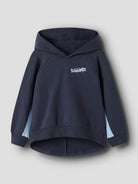 Navy blue hoodie with a logo on a light gray background