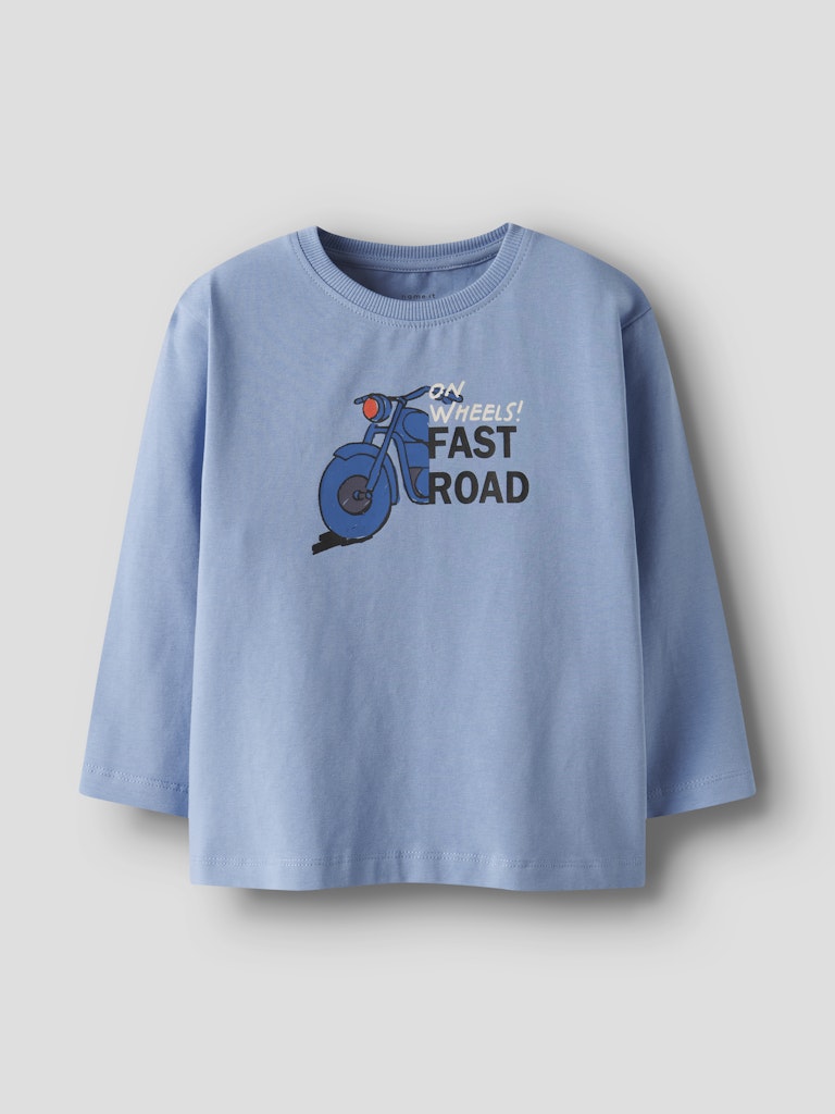 Light blue long sleeve top with motorcycle graphic