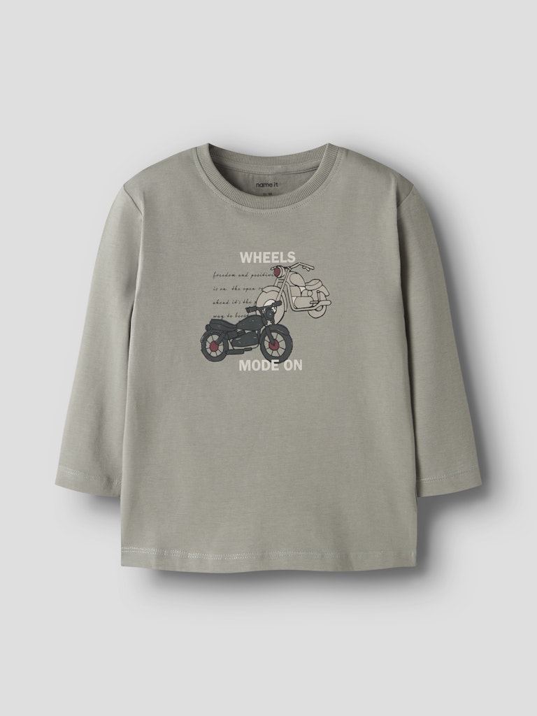 Gray long-sleeve shirt with a graphic of a person on a motorcycle and text on a white background