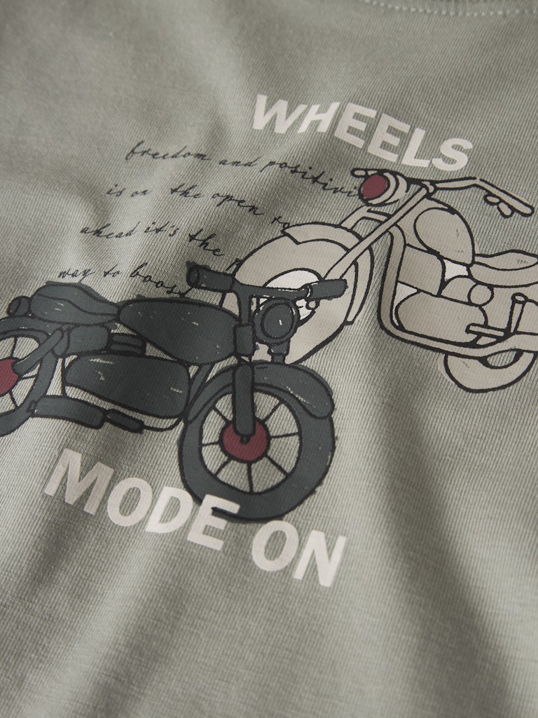 Motorcycle graphic on light grey fabric