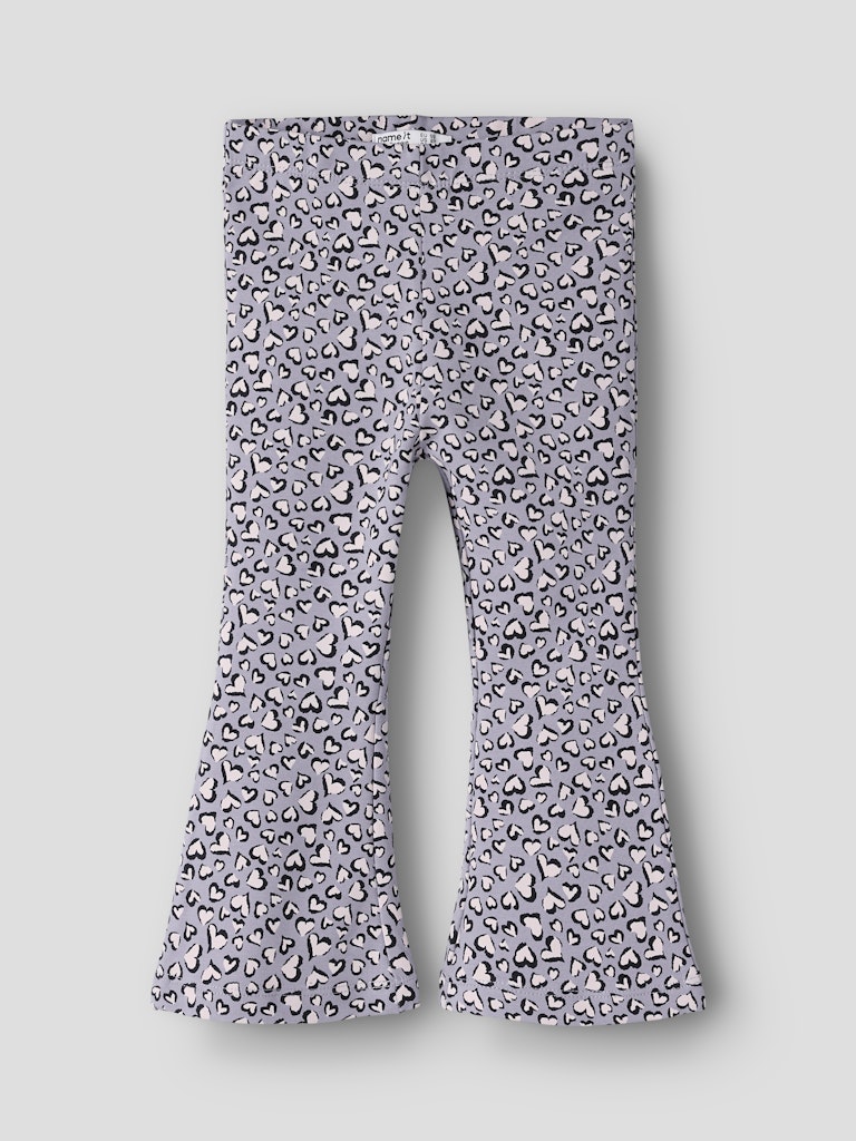 Flared pants with a subtle pattern on a light gray background