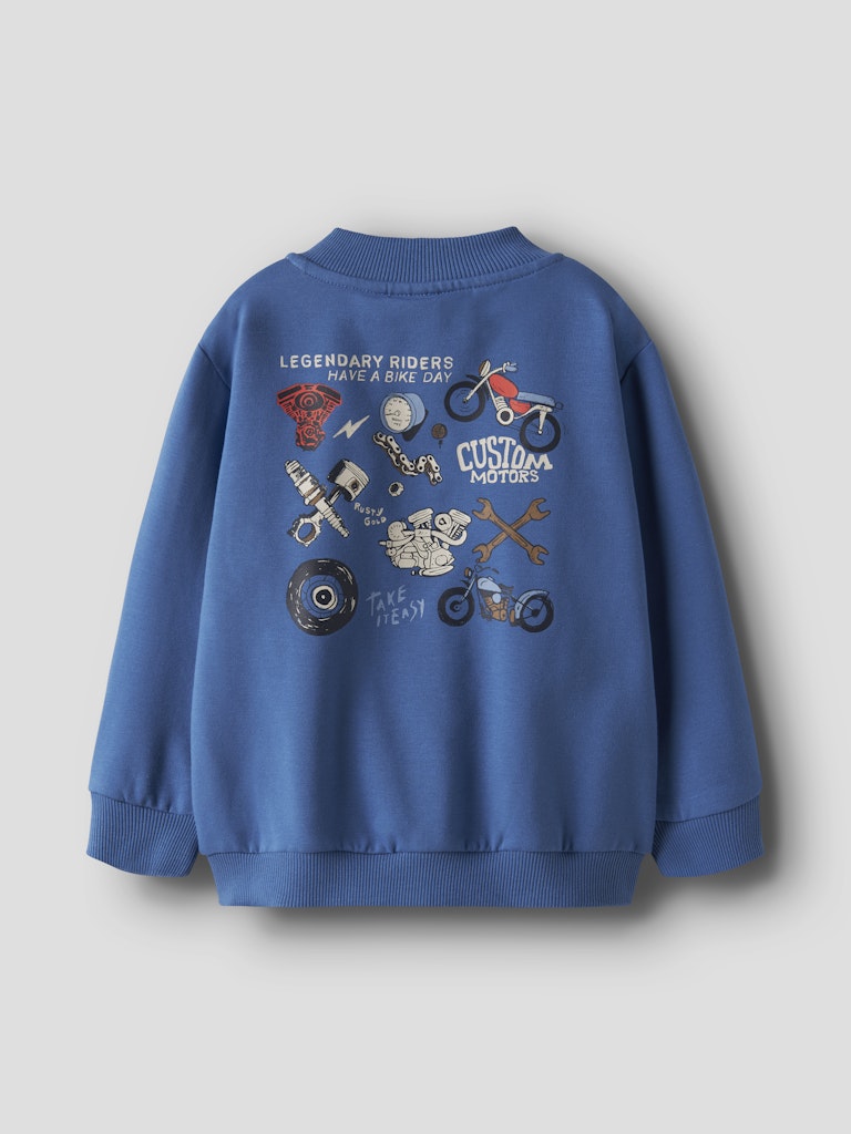 Blue children's sweatshirt with motorcycle-themed graphics on a light gray background