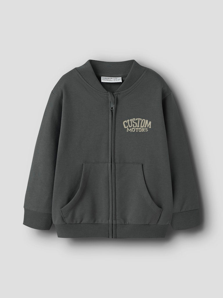 Gray zip-up hoodie with 'Custom Motors' text on a light gray background